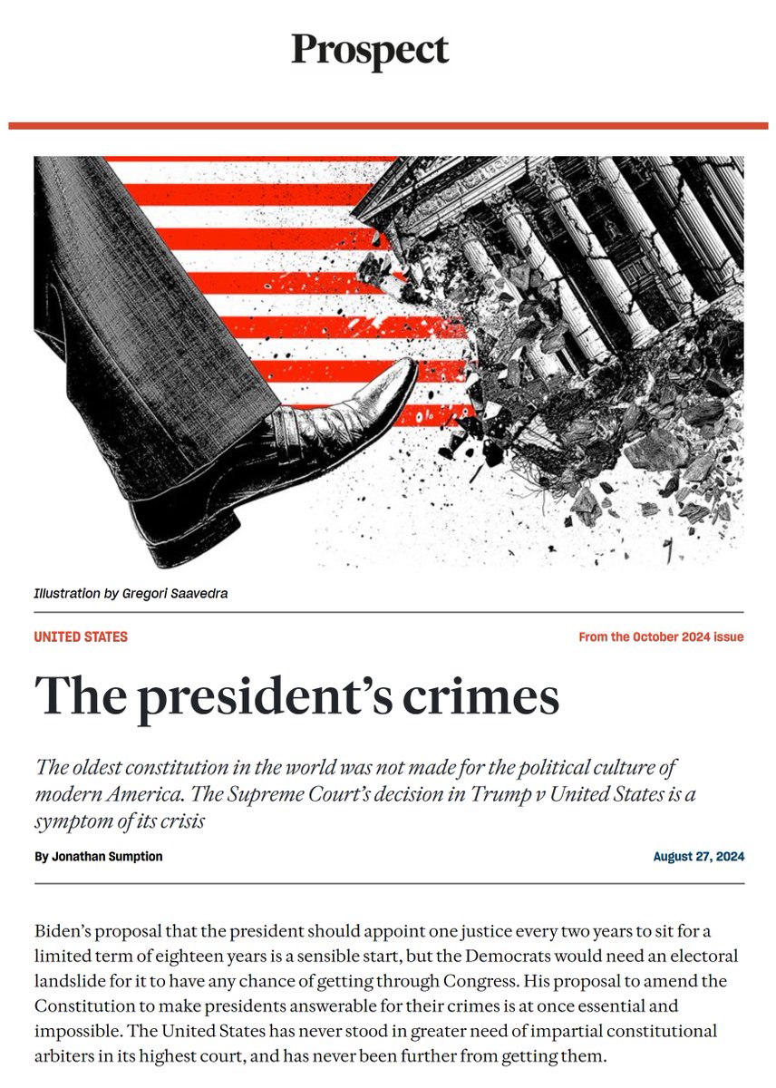 RichardAlbert's tweet image. ⚖️ A former UK Supreme Court justice has written a stinging criticism of the US Constitution and the US Supreme Court. The entire essay is worth reading, whether or not you agree with the author.

Full text: prospectmagazine.co.uk/world/united-s…