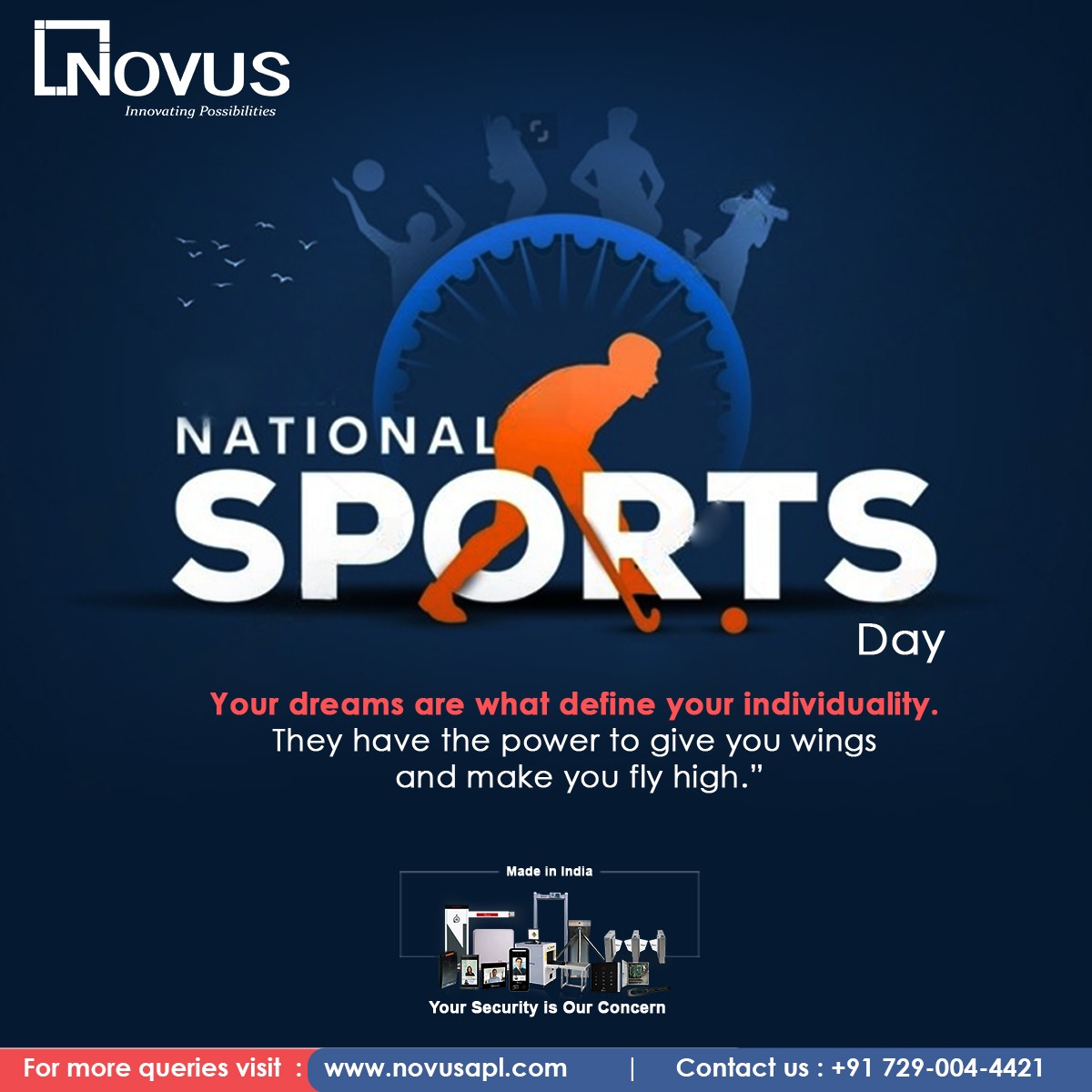 On this National Sports Day, may we all embrace the spirit of sportsmanship and strive for excellence in every aspect of our lives. Happy National Sports Day!" #NationalSportsDay 🏑 🏏🏀 🏅 

#NationalSportsDay #SportsDay #FitIndia #Sportsmanship #PlayForIndia #FitnessFirst