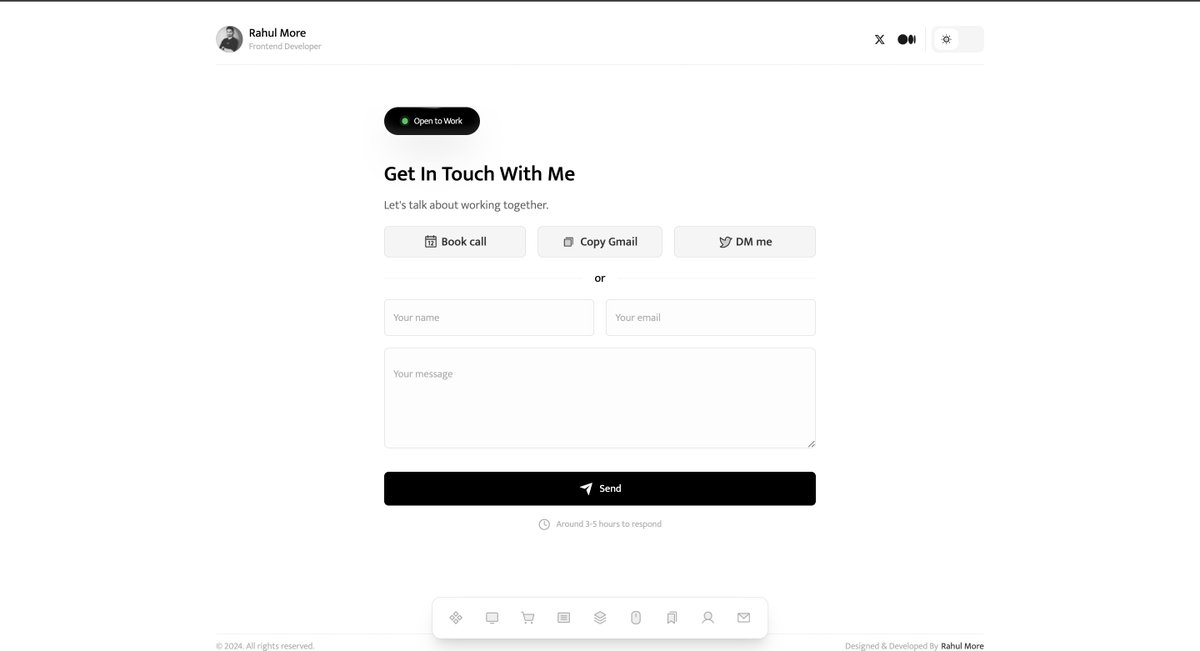 rahulmoreweb3's tweet image. 🛠️ Work done till today on portfolio: 
a) Implemented Send mail feature directly via client side using emailjs.
b) Added rate limiting to prevent mail spamming.

#buildinpub