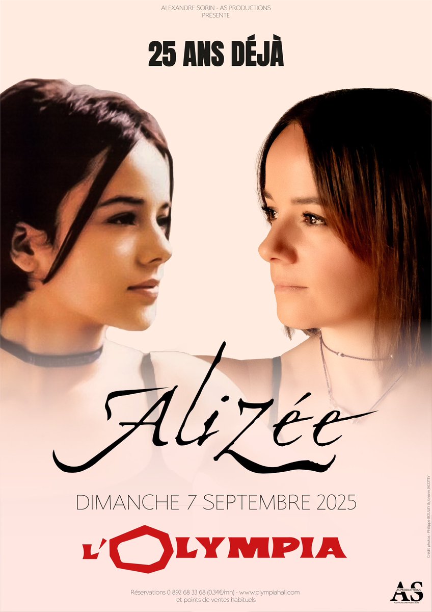 Heureux de vous partager l’affiche officielle du concert « 25 ANS DÉJÀ » d’ALIZÉE à L’OLYMPIA le Dimanche 7 septembre 2025 🎤

📢 J-8 avant l’opening de la billeterie prévue le Vendredi 6 septembre 2024 à 18h !

* Prod / AS Prod 
* Agent / Thomas Dumont 

#Alizee #Olympia #Paris