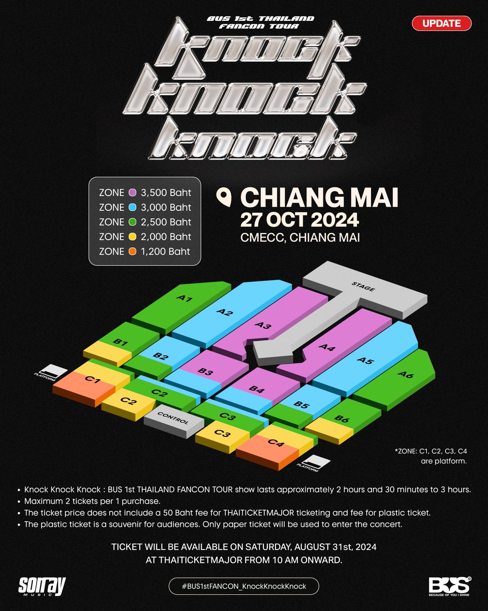 BUS_SONRAY's tweet image. ประกาศปรับเปลี่ยนผังที่นั่ง
Knock Knock Knock :
BUS 1st THAILAND FANCON TOUR

📍 เชียงใหม่
รูปแบบบัตรนั่งทั้งหมด ที่นั่งระนาบเดียวกัน ยกเว้น C1, C2, C3 และ C4 เป็นที่นั่งยกระดับ Platform

#BUS1stFANCON_KnockKnockKnock
#BUSbecauseofyouishine