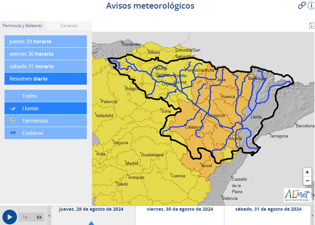 saihebro-cpc (@saihebrocpc) on Twitter photo Ante avisos🟠y🟡(AEMet) por⛈️intensas (15-30mm en 1h) <a href="/CH_Ebro/">CH del Ebro</a> recuerda la posibilidad de crecidas súbitas importantes en barrancos y cauces menores en toda la cuenca del Ebro salvo extremo oriental hoy jueves 29/08. Precaución⚠️ Ante avisos🟠y🟡(AEMet) por⛈️intensas (15-30mm en 1h) <a href="/CH_Ebro/">CH del Ebro</a> recuerda la posibilidad de crecidas súbitas importantes en barrancos y cauces menores en toda la cuenca del Ebro salvo extremo oriental hoy jueves 29/08. Precaución⚠️