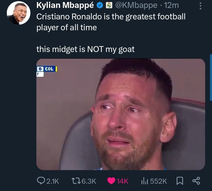 L’un des posts partagé par le compte de Kylian Mbappé (hacké) cette nuit :

« 𝗖𝗿𝗶𝘀𝘁𝗶𝗮𝗻𝗼 𝗥𝗼𝗻𝗮𝗹𝗱𝗼 𝗲𝘀𝘁 𝗹𝗲 𝗺𝗲𝗶𝗹𝗹𝗲𝘂𝗿 𝗷𝗼𝘂𝗲𝘂𝗿 𝗱𝗲 𝘁𝗼𝘂𝘀 𝗹𝗲𝘀 𝘁𝗲𝗺𝗽𝘀.

𝗖𝗲 𝗻𝗮𝗶𝗻 𝗻’𝗲𝘀𝘁 𝗽𝗮𝘀 𝗺𝗼𝗻 𝗚𝗢𝗔𝗧. »