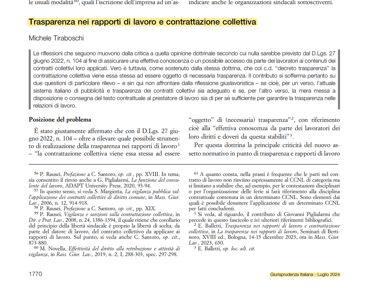 "Trasparenza nei rapporti di lavoro e contrattazione collettiva" (in "Giurisprudenza Italiana" - Luglio 2024)