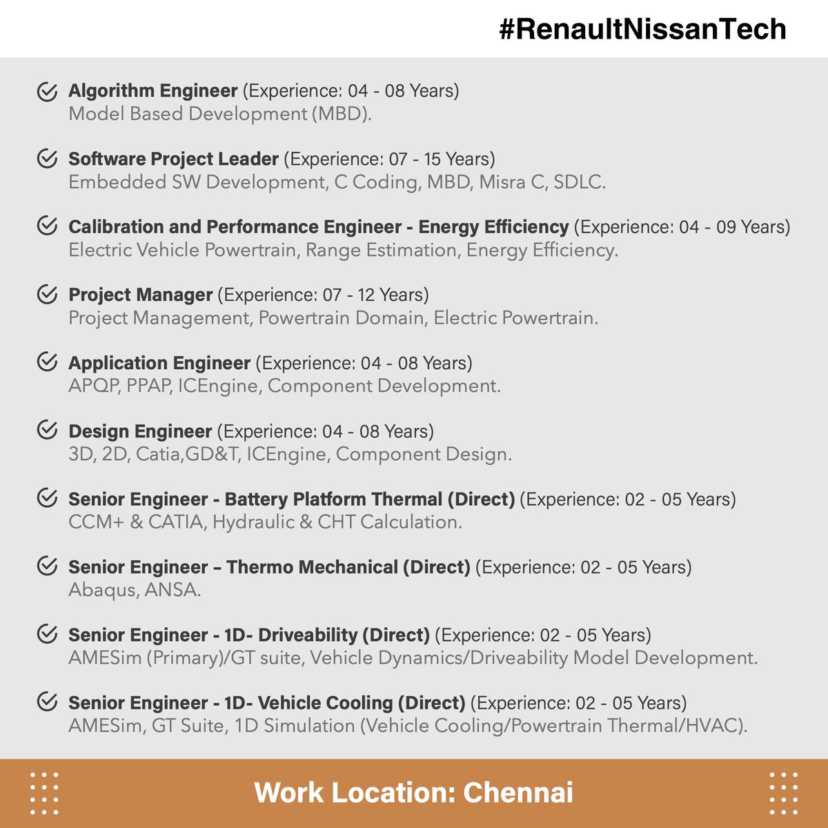 officialRNTBCI's tweet photo. Ready to accelerate your career in Powertrain?

Join Renault Nissan Tech in Chennai and be a part of our visionary Powertrain team in creating innovative solutions that will define the future of automotive technology. https://t.co/9bgwuW1fIr