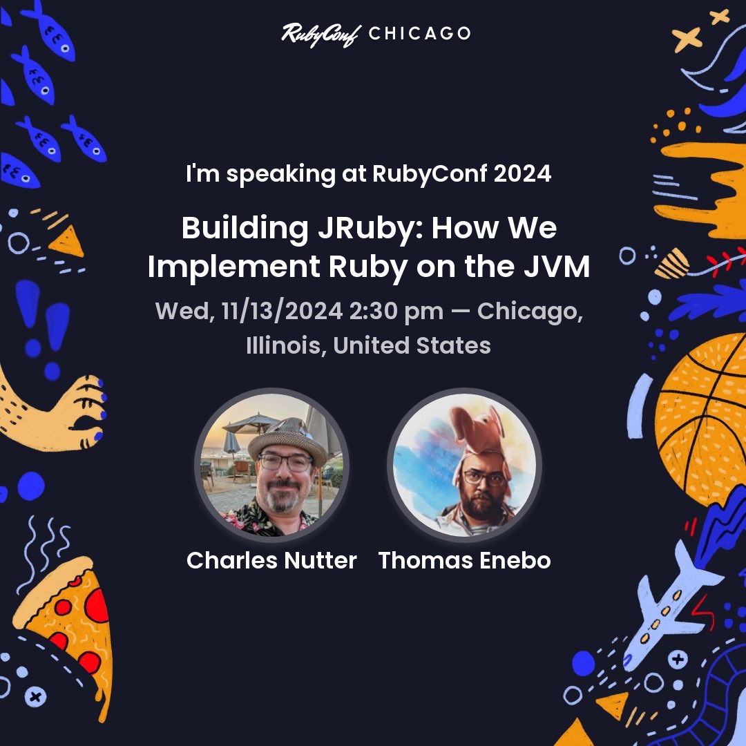headius's tweet image. This should be a fun one! Come learn how we build Ruby on the JVM and I guarantee you’ll be able to contribute by the end of the talk! #rubyconf