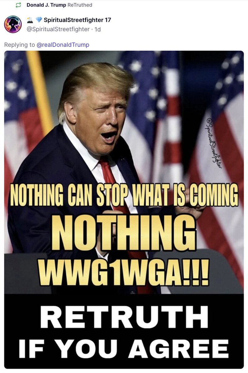SethAbramson's tweet photo. LISTEN.

QAnon is an ultra-violent domestic terror movement that has killed people.

Trump is posting their slogans on Truth Social.

Read my pinned tweet. He intends violence. It is simple fact: *he intends violence*. And his public recruiting for it has clearly already started. https://t.co/uD8JCciD1Z