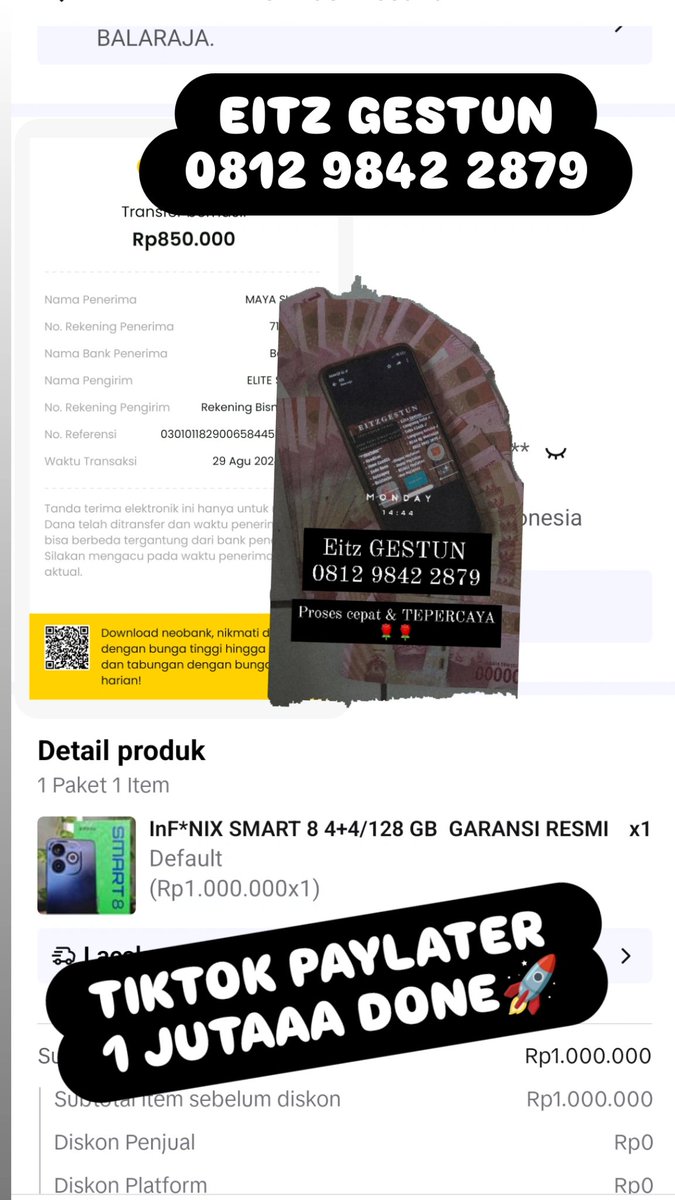 EliteSaput55735's tweet photo. PENCAIRAN 29 AGUSTUS  BY EITZ GESTUN🚀🚀🚀

ADA TOKO FISIK &amp; BISA COD✔️
AMAN &amp; TERPERCAYA✔️
SUDAH RIBUAN TRANSAKSI✔️
❗Cek Instagram@elitesaputra❗
Wa. 0812 9842 2879
Toko. Cisoka Kab. Tangerang
 #paylater  #tiktok #gopaylater #spaylater #gestun https://t.co/NIJkRSI49W