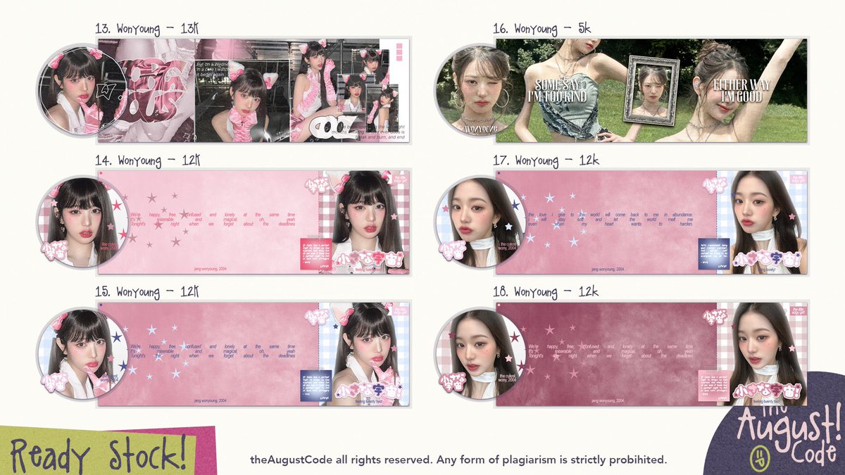 theAugustCode's tweet image. RTs are appreciated! 😻

STILL AVAILABLE layout ready stock SPECIAL WONYOUNG. Yg mau angkut bisa langsung DM aku yaa.

💸 5k-14k
📝 Text replacement ✅

#zonauang #zonajajan