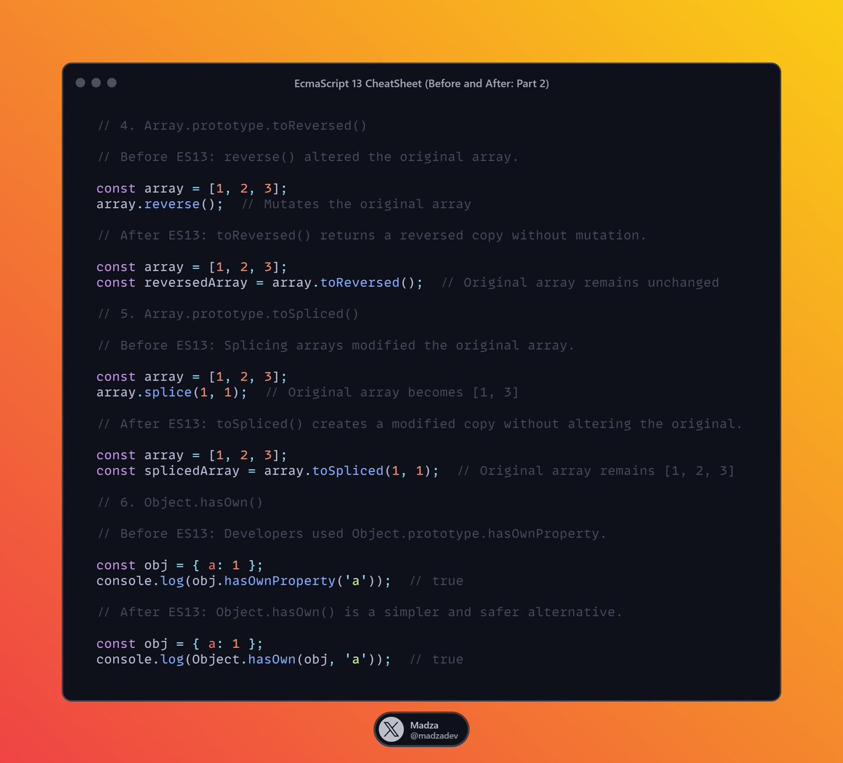 madzadev's tweet image. ES13 CheatSheet - 6 Modern JS Features (w/ examples):