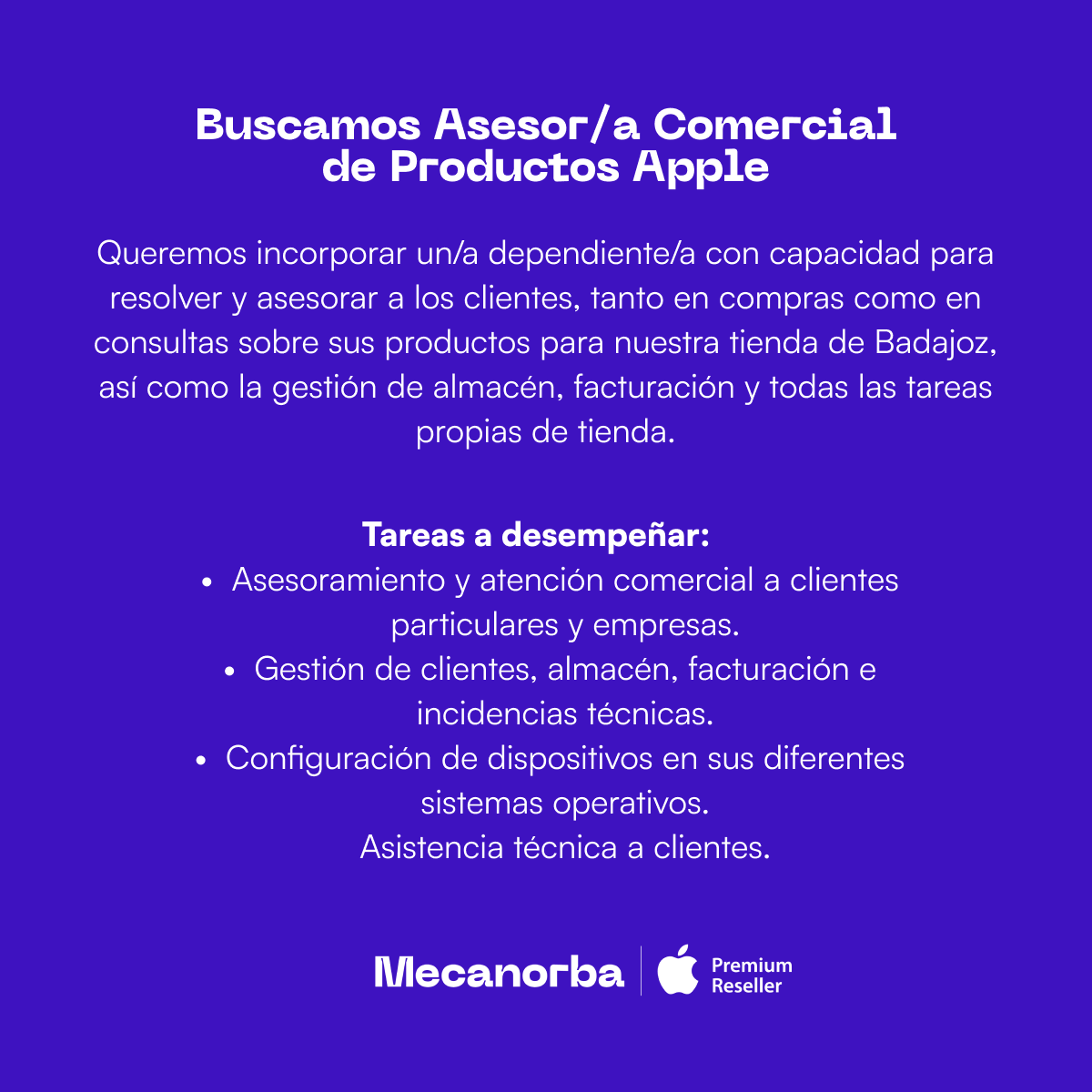 mecanorba's tweet photo. ¡Buscamos un apasionado del mundo #Apple para unirse a nuestro equipo en Badajoz! Si eres un genio de Apple, #MecanorbaBadajoz te necesita. 👇

💥Buscamos un #asesorcomercial de productos Apple. 
Envíanos tu #CV a través del siguiente formulario:
https://t.co/103iN38Zkb https://t.co/IaMhDVvIJh