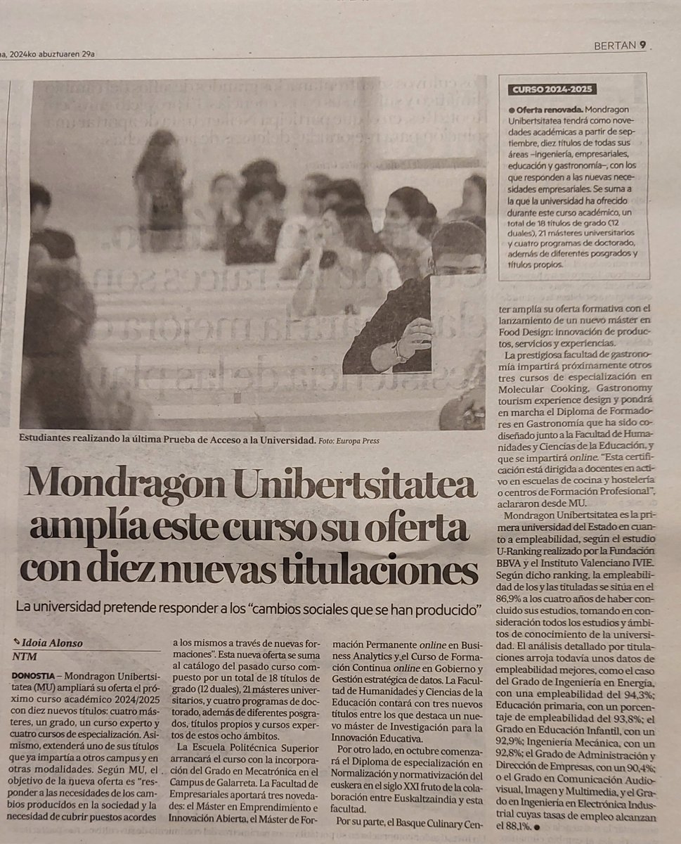 MUnibertsitatea's tweet image. Mondragon Unibertsitatea amplia su ofeta académica con diez nuevas titulaciones para responder a los cambios sociales y a las nuevas necesidades de las empresas.
#LearningFromFuture

@MU_gep @Enpresagintza @Huhezi @bculinary