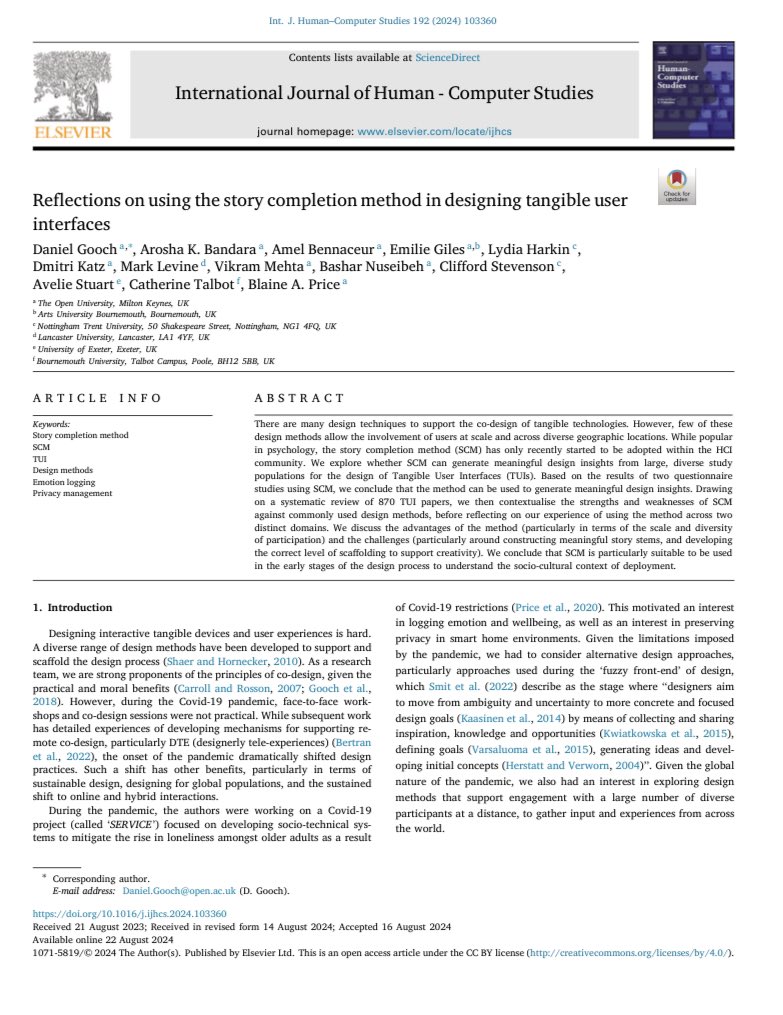 New paper led by <a href="/danieljgooch/">Daniel Gooch</a> 

Reflections on using the story completion method in designing tangible user interfaces

sciencedirect.com/science/articl…