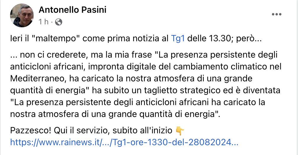 Censura climatica al <a href="/Tg1Rai/">Tg1</a> !!!

Con un "taglietto" strategico l'intervista al fisico del clima #AntonelloPasini ha cambiato il senso della sua affermazione, togliendo la connessione tra cambiamento climatico e "maltempo".

Qui il servizio:
rainews.it/.../Tg1-ore-13…...