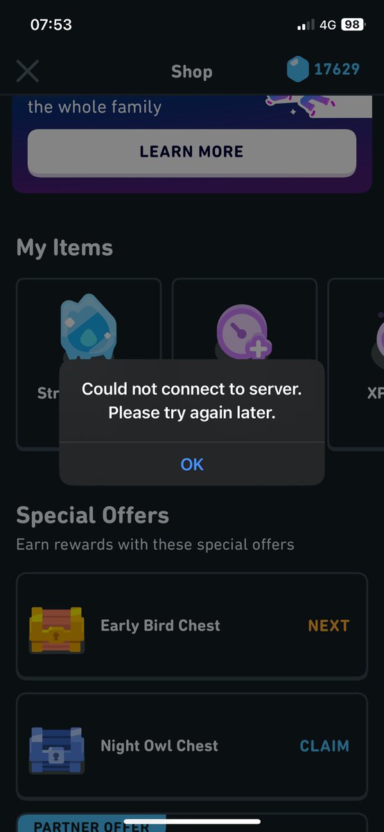 daniel_smith83's tweet photo. @duolingo I keep getting this “Could not connect to server” message when I try to claim my Night Owl chest. Same with my Early Bird chest last night 😥 https://t.co/78YaXx1hyS