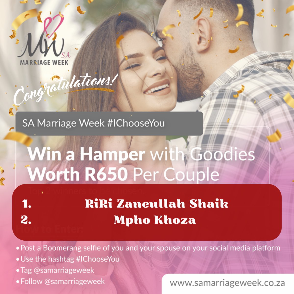 And the #IChooseYou Competition Winners are! Congratulations to the chosen winners and their significant others 💍🎊🥰🎊 A Hamper with goodies worth R650 per couple is coming your way! 😃
Please DM us your contact details (number and email ad). #SAMarriageWeek