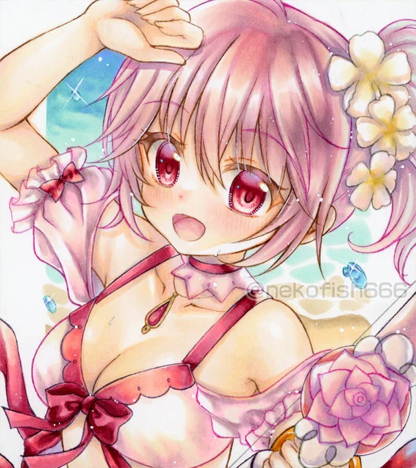 マギレコサービス終了ですが、この水着VER.のまどかが凄く好きで描きました。#アナログ#鹿目まどか#マギレコ 