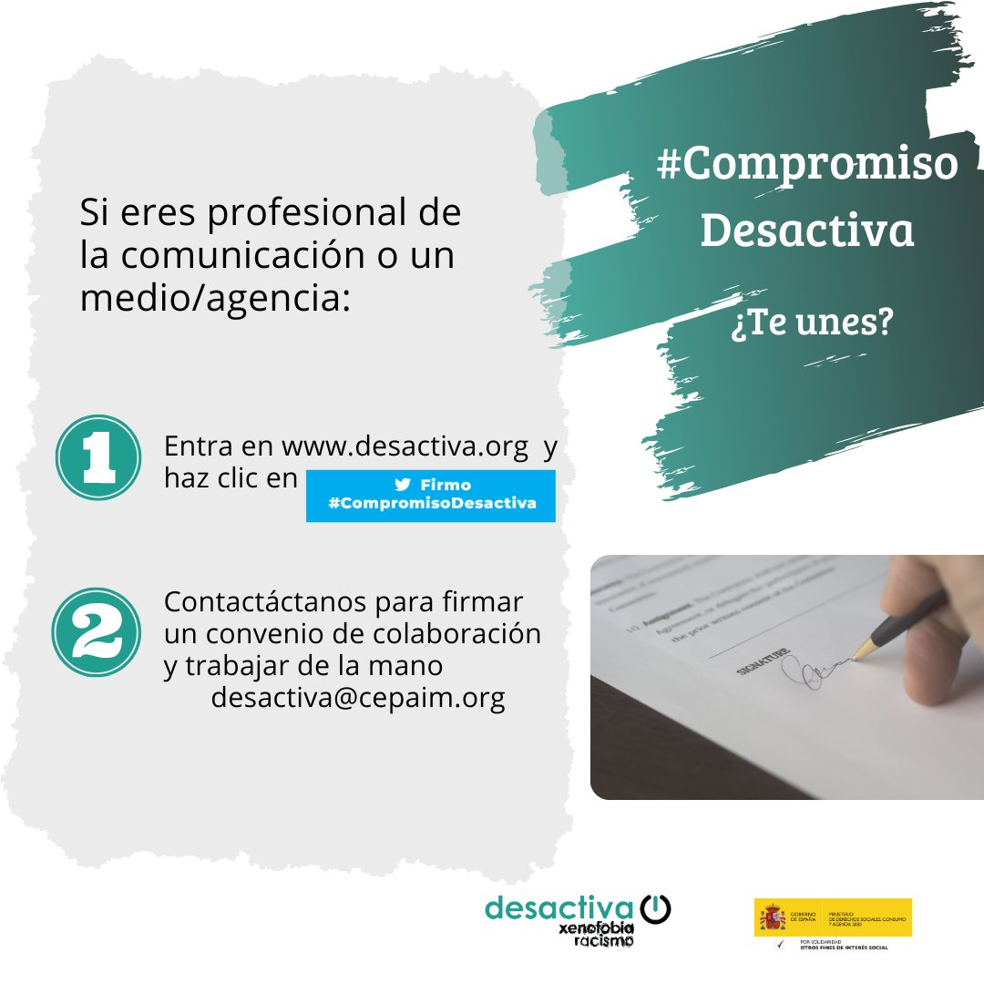 desactivaodio's tweet image. 📝¿Eres periodista?
🎙¿Un profesional de la comunicación?📷
📺¿Representas a un medio o agencia de comunicación?📻📰
Únete al #CompromisoDesactiva de @fundacioncepaim y ayúdanos a luchar contra el #racismo y la #xenofobia. 
Súmate a través de 🔗desactiva.org
