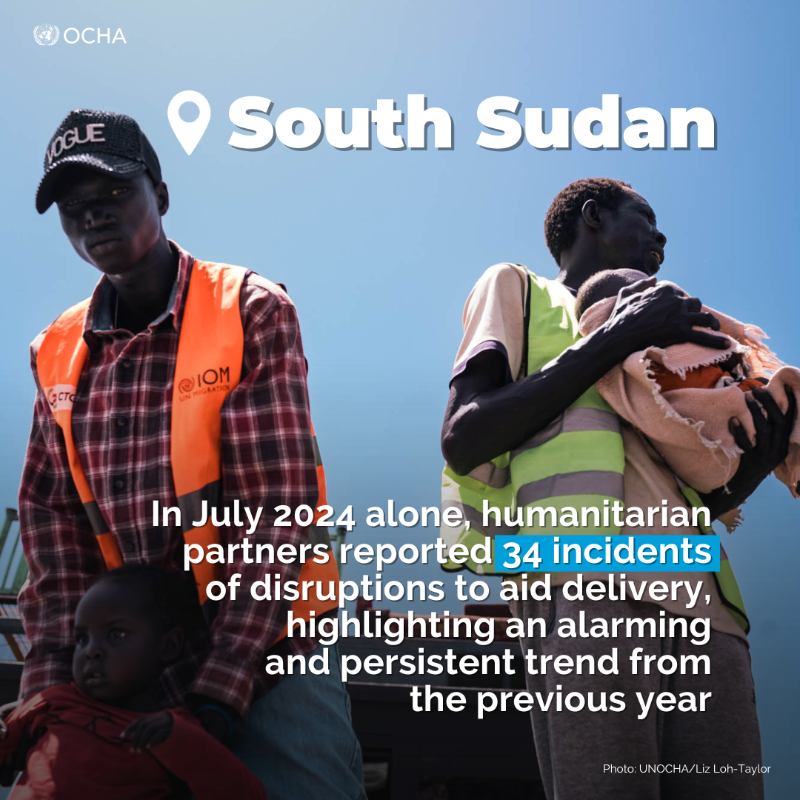 UNOCHA's tweet photo. The humanitarian situation in #SouthSudan is rapidly worsening, with severe disruptions to delivery of essential aid to vulnerable people.

Humanitarian access is critical to ensure that support reaches those in need.

Every delay or obstacle puts countless lives at risk.

More⬇️