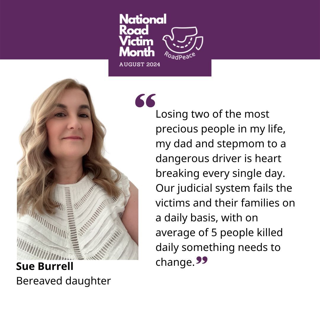 Thank you to Sue Burrell for supporting National #RoadVictimMonth this August - an annual campaign aimed at raising awareness of the staggering number of people needlessly killed and injured on UK roads. Find out more: buff.ly/3XbnCFE