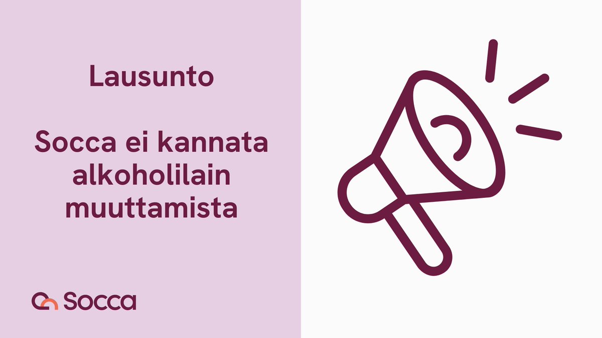 Vastustamme lausunnossamme alkoholijuomien verkkokauppaa ja kotiinkuljetuspalvelun mahdollistamista. Alkoholin myyntiä tulisi pikemminkin rajoittaa ja alkoholiveroa nostaa kattamaan käytöstä käyttäjille ja yhteiskunnalle aiheutuvia haittoja. 

👉Lausunto socca.fi/files/10487/So…