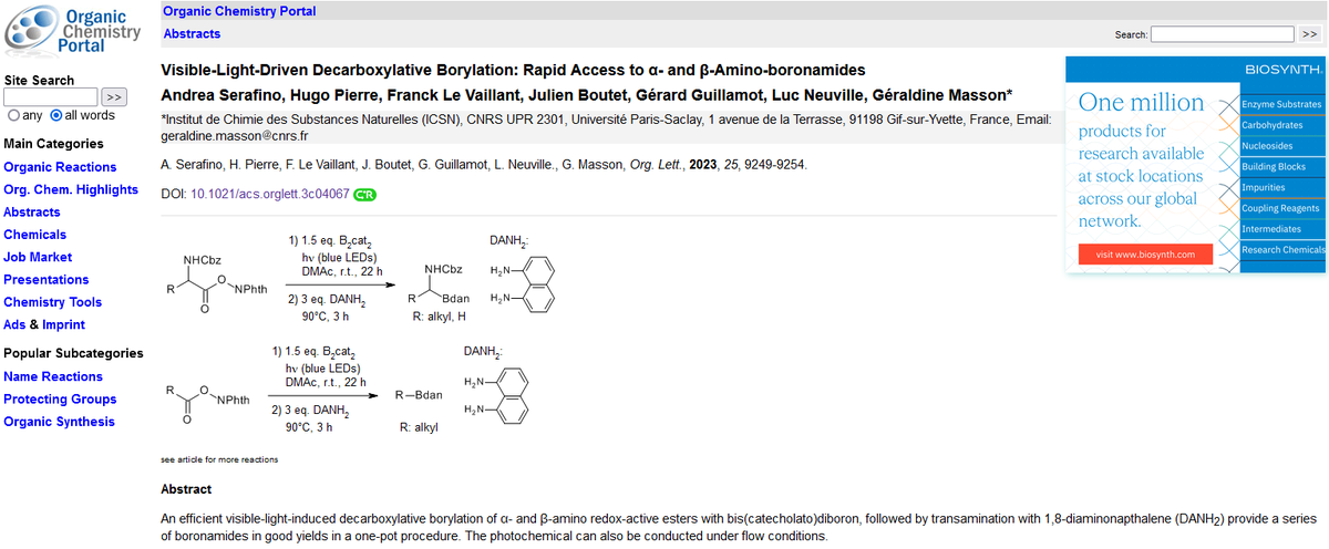 Masson Group (@groupmasson) on Twitter photo 💫Thanks to <a href="/organic_portal/">Organic Chemistry Portal</a> for having highlighted our recent work on Visible-Light-Driven Decarboxylative Borylation, published in <a href="/JOC_OL/">J Org Chem/Org Lett</a> !💫
👉organic-chemistry.org/abstracts/lit9…
👉Here is the whole paper: pubs.acs.org/doi/10.1021/ac…
@seqens_group <a href="/ggmasson1/">Géraldine Masson</a> <a href="/CNRSchimie/">CNRS Chimie</a> 💫Thanks to <a href="/organic_portal/">Organic Chemistry Portal</a> for having highlighted our recent work on Visible-Light-Driven Decarboxylative Borylation, published in <a href="/JOC_OL/">J Org Chem/Org Lett</a> !💫
👉organic-chemistry.org/abstracts/lit9…
👉Here is the whole paper: pubs.acs.org/doi/10.1021/ac…
@seqens_group <a href="/ggmasson1/">Géraldine Masson</a> <a href="/CNRSchimie/">CNRS Chimie</a>