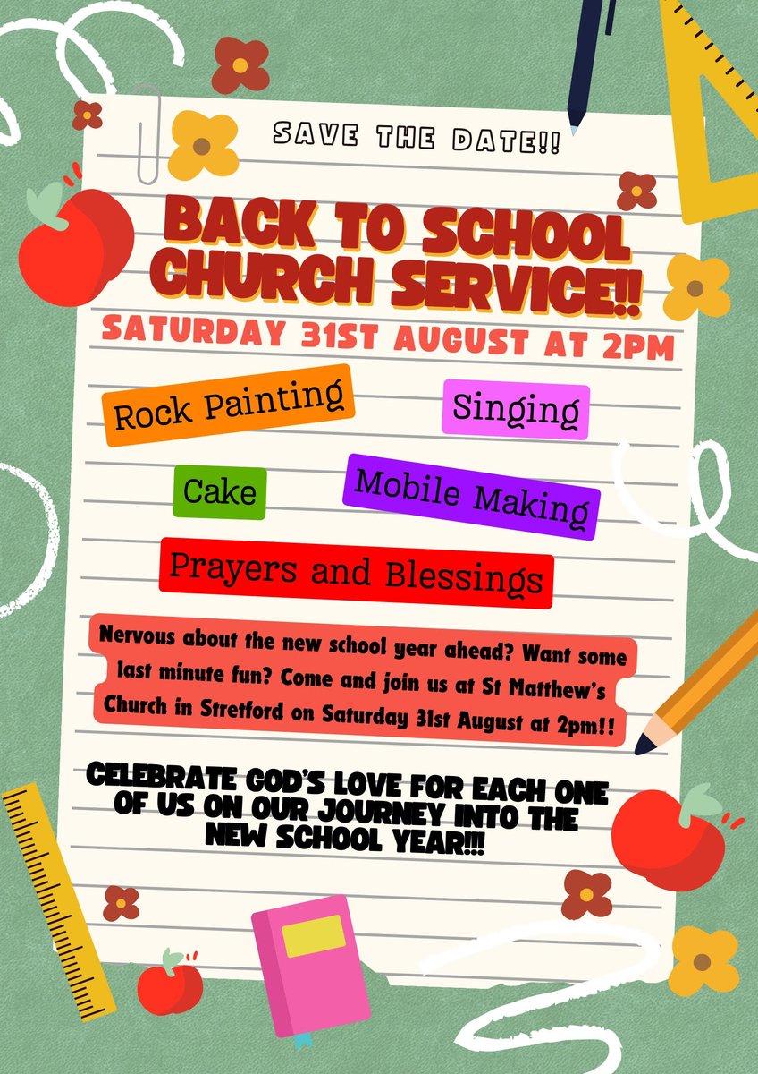 This Saturday at 2pm we have our Back to School service with crafts and songs and cake! Do come along - everyone is very welcome.