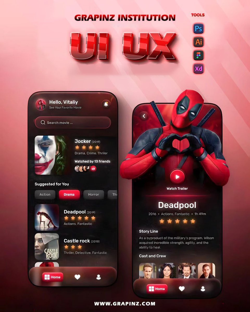 grapinz's tweet image. 🎨 Presenting our latest UI/UX project for a movie app! 🎬

This design features:
🎭 User-friendly interface
🎬 Sleek design for movie browsing &amp;amp; ratings
🎨 Tools used: Photoshop, Illustrator, Figma, Adobe XD #UIUX #UXDesign #MovieApp #DesignInspiration #Grapinz