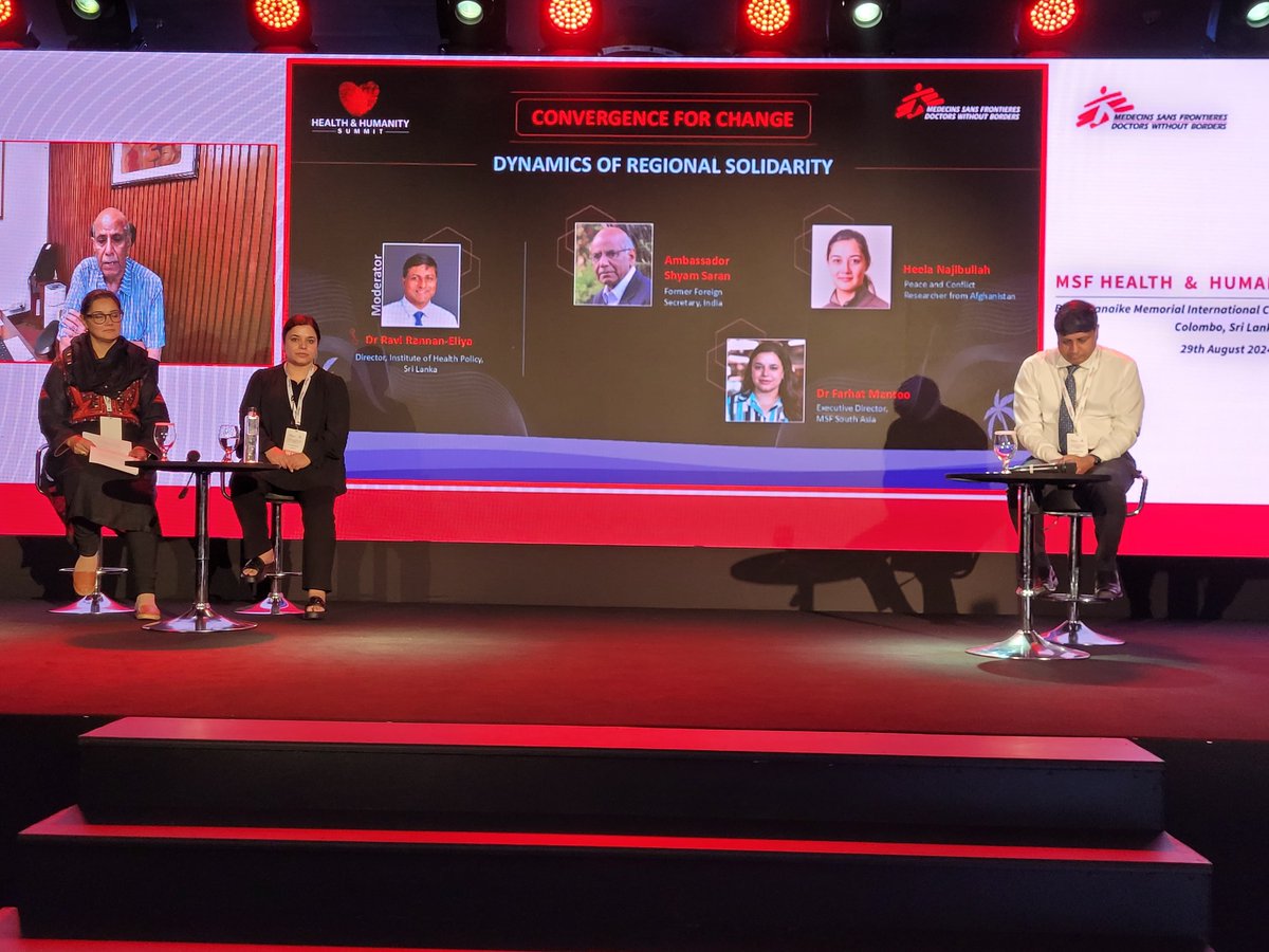 MSF_SouthAsia's tweet photo. Our esteemed panelists for the second session at the #HHSummit include Ambassador Shyam Saran, @HNajibullah , and Dr Farhat Mantoo as they share their views on regional solidarity and its role in humanitarian crises. The conversation will be moderated by Dr Ravi Rannan-Eliya, Director, Institute of Health Policy, Sri Lanka.
Stay tuned for highlights from this important conversation on regional cooperation in humanitarian efforts!
#GlobalSouth #Solidarity
