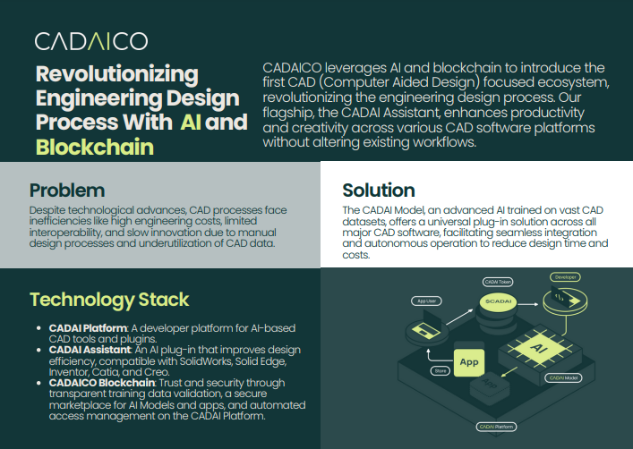 Cadaico's tweet photo. Have someone that #CADs or is looking for the new edge in #AI?

The team at @Cadaico is trail blazing the way to integrate them on blockchain. 

Check our our one pager to show them what #Cadaico is!

$CADAI #CADAI #CADAICO #CAD #AI https://t.co/a8lLBO5QRQ