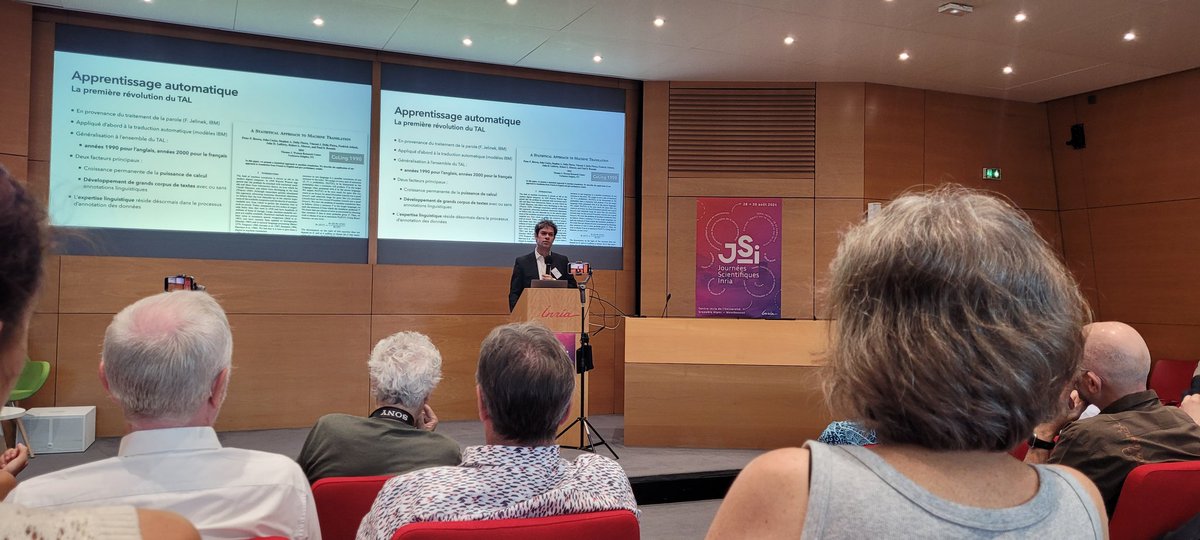 Centre Inria de Paris (@inria_paris) on Twitter photo #JSI2024 | Cette matinée débute avec Benoît Sagot (<a href="/InriaParisNLP/">Inria Paris NLP (ALMAnaCH team)</a>) qui revient sur l'évolution des grands modèles de langue (#LLM), les récents modèles génératifs et conversationnels, et sur les enjeux actuels du traitement automatique des langues (#TAL) à l’ère des LLMs. #JSI2024 | Cette matinée débute avec Benoît Sagot (<a href="/InriaParisNLP/">Inria Paris NLP (ALMAnaCH team)</a>) qui revient sur l'évolution des grands modèles de langue (#LLM), les récents modèles génératifs et conversationnels, et sur les enjeux actuels du traitement automatique des langues (#TAL) à l’ère des LLMs.