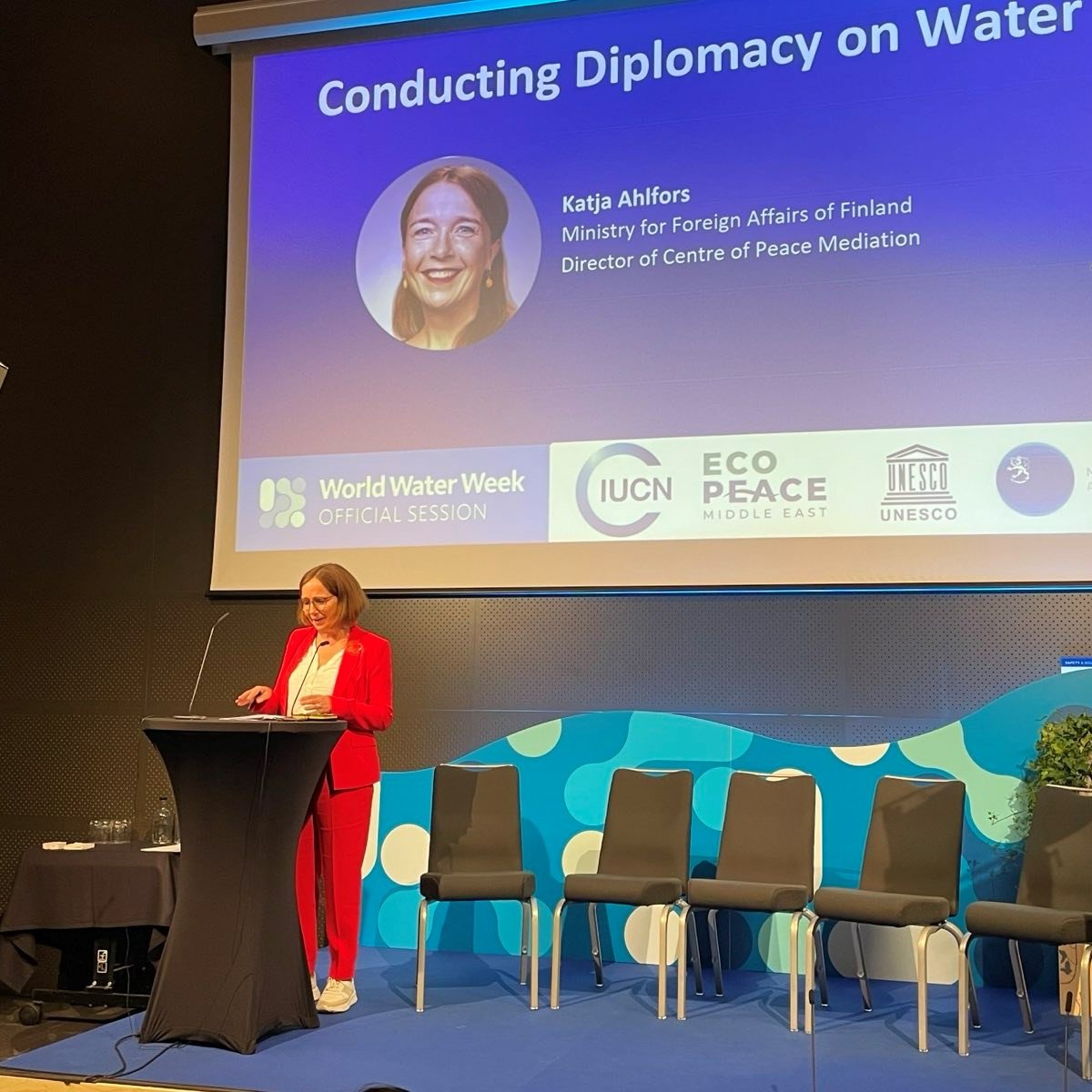Director of Centre for Peace <a href="/KatjaAhlfors/">Katja Ahlfors</a>: "Water diplomacy processes aim at building trust between the parties in order to move away from political positions towards dialogue; this may be possible through emphasizing the shared benefits of the transboundary waters." <a href="/siwi_www/">World Water Week</a>