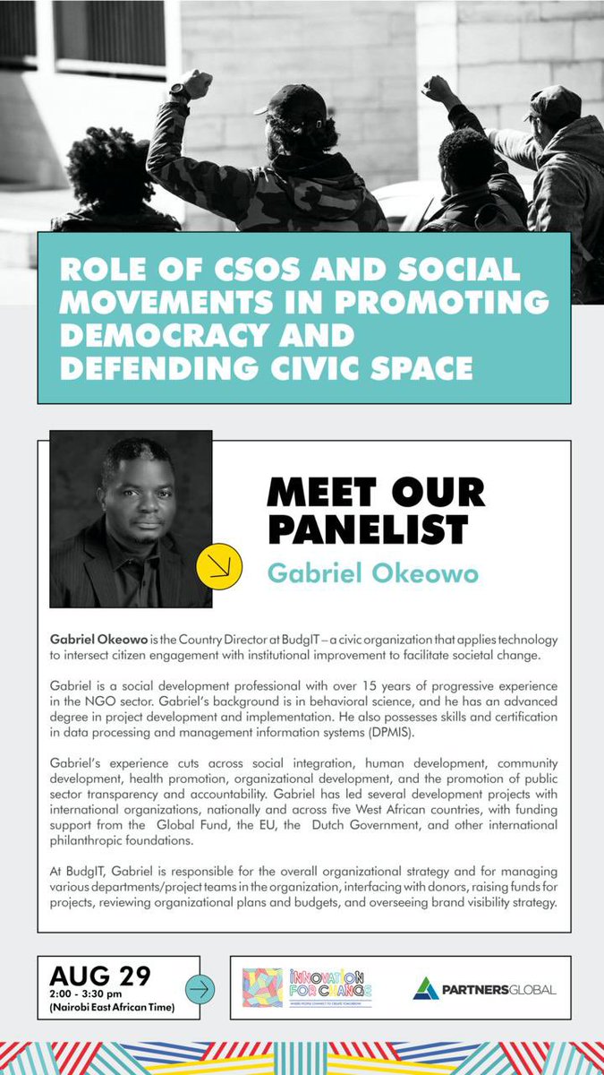 GabsynGreat's tweet photo. Today, I will be sharing my thoughts on the role of civil society organizations and social movements in promoting democracy and defending civic space, using Nigeria as a case study.
Join the conversation at 2pm EAT.
You can register here: https://t.co/VYLcDUUwnL
#GabsynWrites https://t.co/ez2wjtS0KX