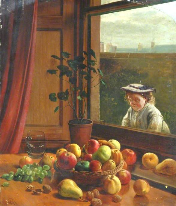 The #OnlineArtExchange theme today is still life for The Shape of Things: Still Life in Britain at <a href="/PallantGallery/">Pallant House Gallery</a> 

Still Life by G. W. from <a href="/TheBowesMuseum/">The Bowes Museum</a> 

...Feels like this painting should be called 'forbidden fruit' due to the person peering through the window!