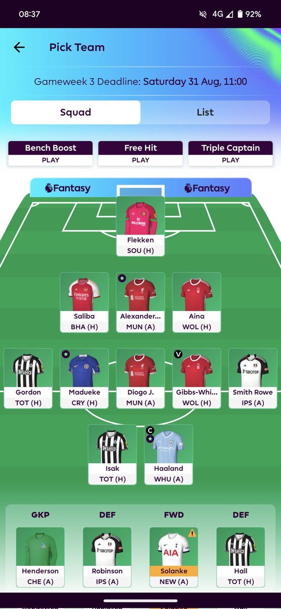 FPLwebbo's tweet image. GW3 team. Pretty happy with this so far after 90 points last week. #FPLcommunity #FPL