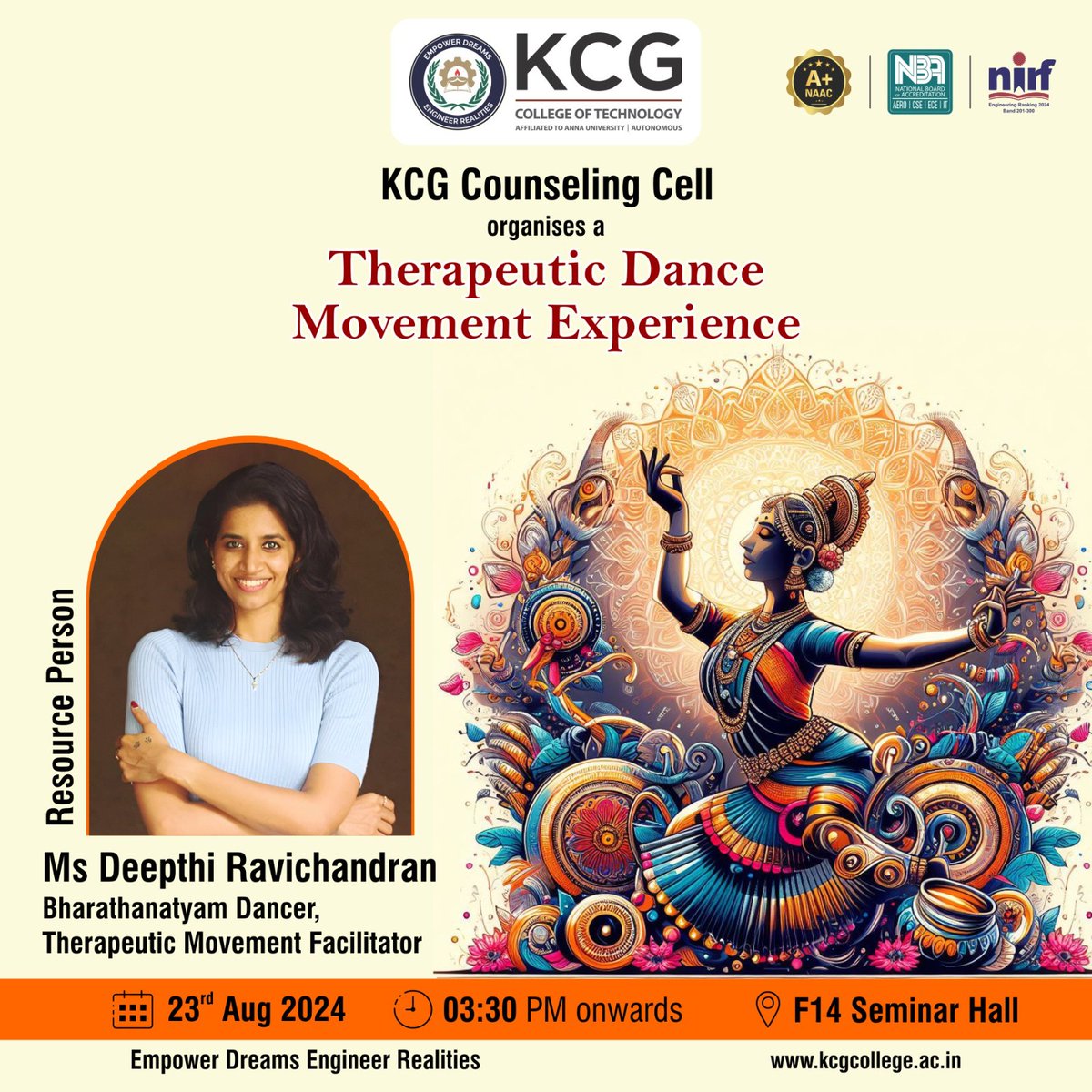 KCGtechnology's tweet image. The Therapeutic Dance Movement Experience, held on August 23 2024, was led by Ms. Deepthi Ravichandran, a renowned Bharatanatyam dancer and Dance Movement Facilitator.  
#KCGCollege #Dance #dancetherapy #dancetherapist #movementtherapy #movementtherapist #dancemovementtherapy