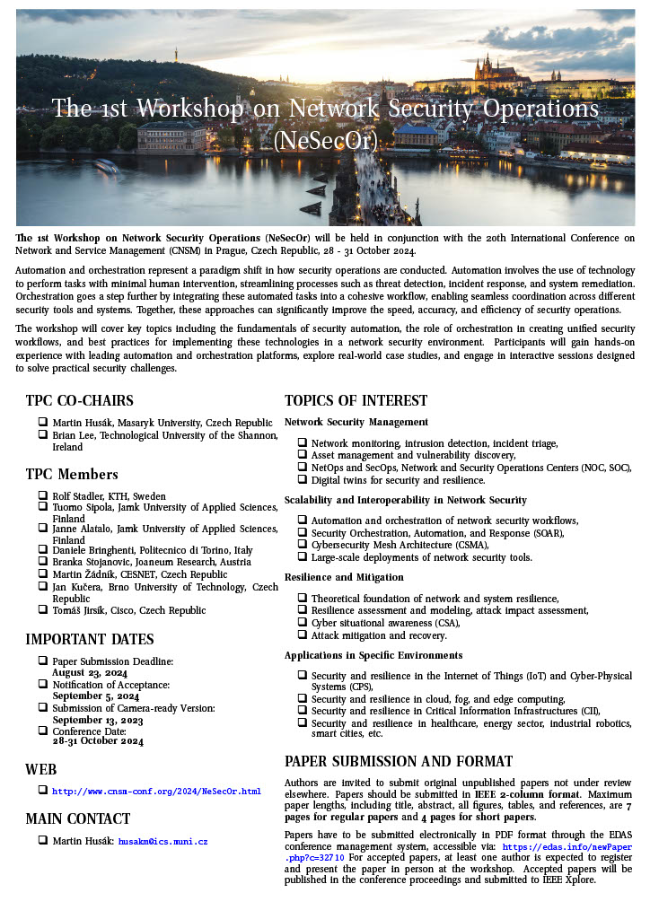 📢 DEADLINE EXTENDED! Interested in #NetworkSecurityOperations? Submit your paper to the #NeSecOr workshop at the #CNSM2024 conference! 🗓️ New DDL: September 6th: muni.cz/go/NeSecOr
#cybersecurity #municz #securitymuni