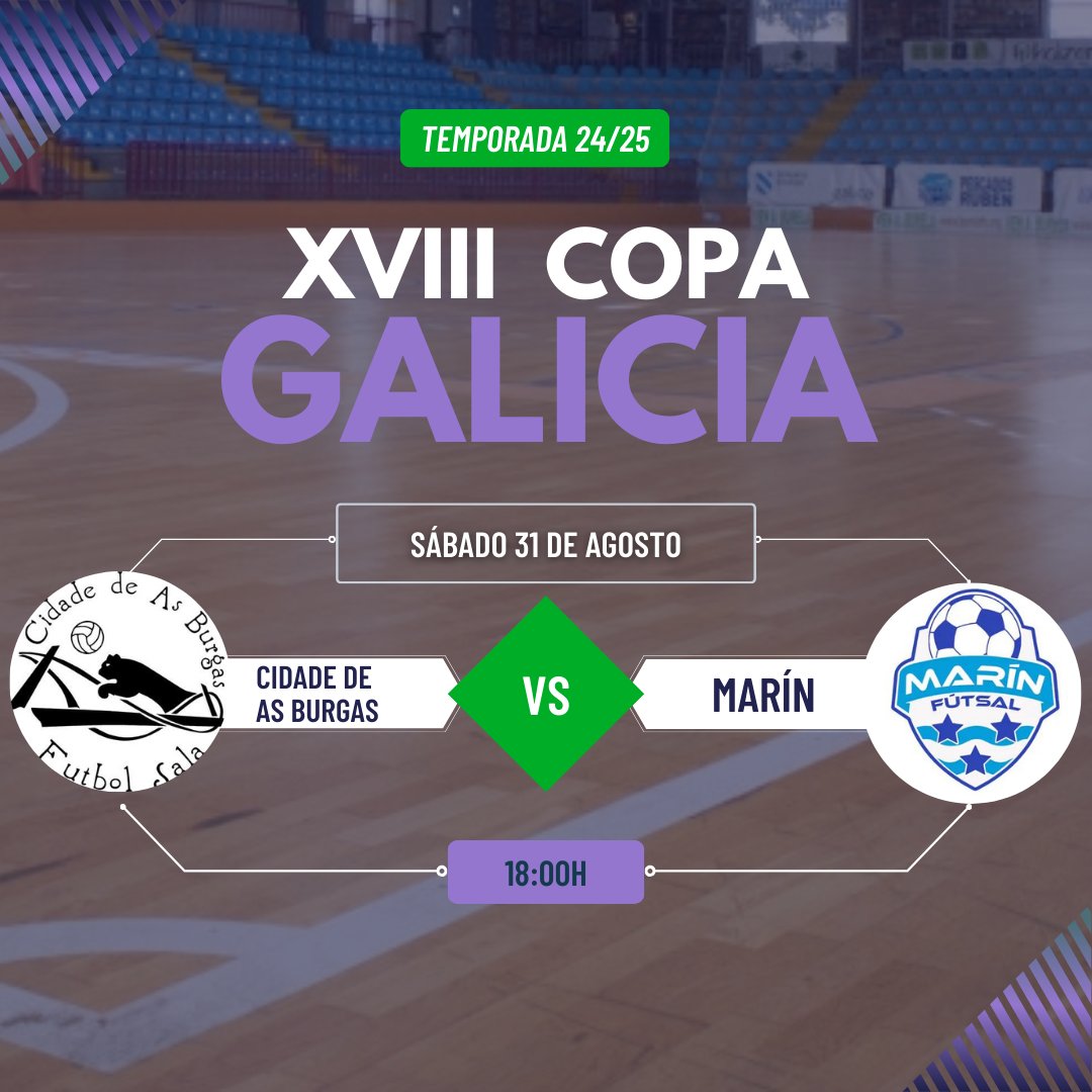XVII COPA GALICIA 🏆⚽

Debutamos en competición oficial este sábado en Os Remedios contra nuestros amigos del <a href="/marin_futsal/">Marín Futsal</a>

Empezamos una temporada nueva y como siempre os esperamos a todos con los brazos abiertos para volver a vernos y oiros en las gradas

#Volveremos 💚