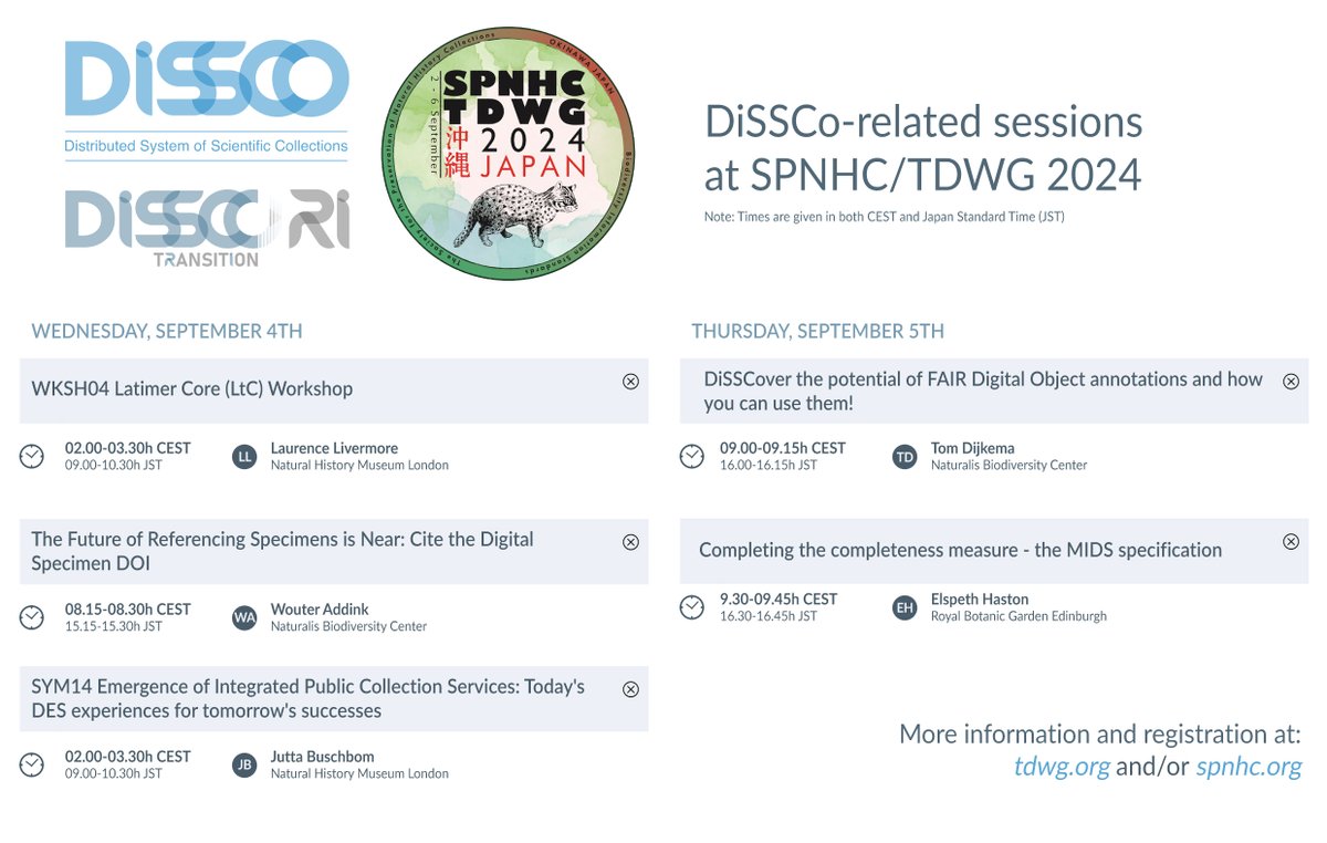 See you in Japan at the <a href="/SPNHC/">SPNHC</a>-@TDWG conference #TDWG2024! Below a bit of a summary with some of the <a href="/DiSSCoEU/">DiSSCo</a>-related sessions, so you don't miss a thing, even if you stay home! <a href="/REA_research/">European Research Executive Agency</a>