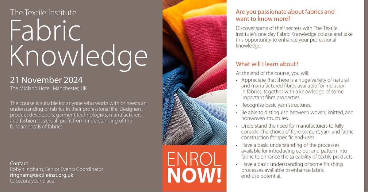 textileinst's tweet image. Join us for The Textile Institute Fabric Knowledge Course on 21 November 2024, in Manchester, UK. Don't miss out on this fantastic opportunity to boost your fabric expertise. buff.ly/3SgdSab #FabricKnowledge #ManchesterEvent #IndustryTraining #TextileCourse
