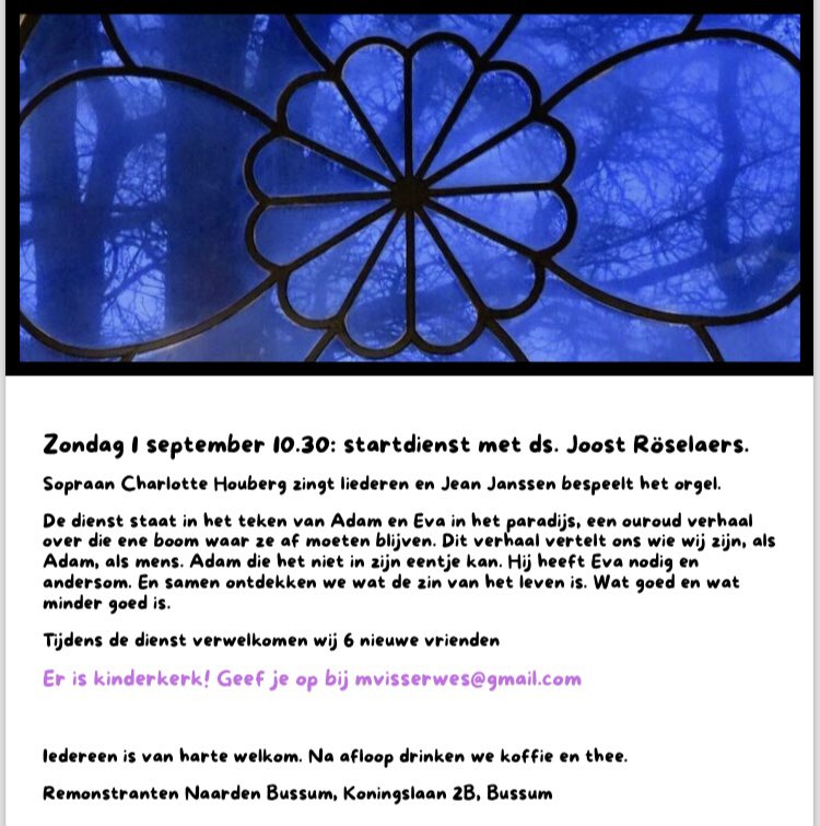 Roselaers's tweet photo. Zondag spreek ik over Adam en Eva. Wat een rijk verhaal! Deze oermensen stellen vragen waar we nooit over uitgedacht raken. Wie ben ik? Wat is mijn bestemming? Welkom op onze startzondag, 10.30 uur, Koningslaan 2B in Bussum. Sopraan Charlotte Houberg zingt prachtige liederen! https://t.co/pwEnEpvqxg