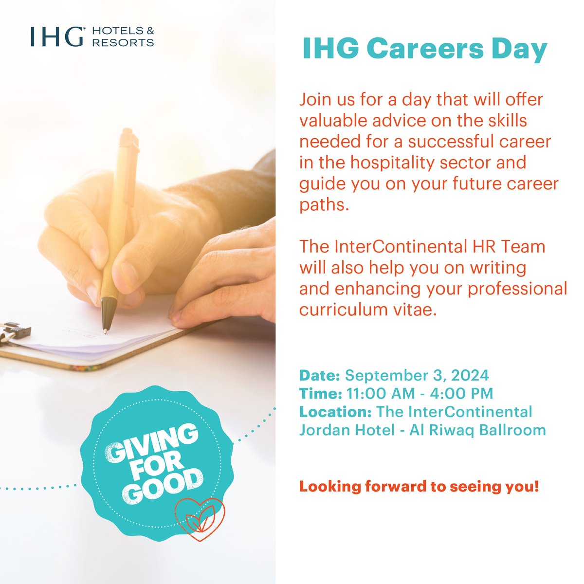 Join us for a day that will offer valuable advice on the skills needed for a successful career in the hospitality sector and guide you on your future career paths.

#InterContinentalJo #IHGCareers 
#HospitalityCareer #HospitalitySkills 
#CareerDevelopment #CareerPath