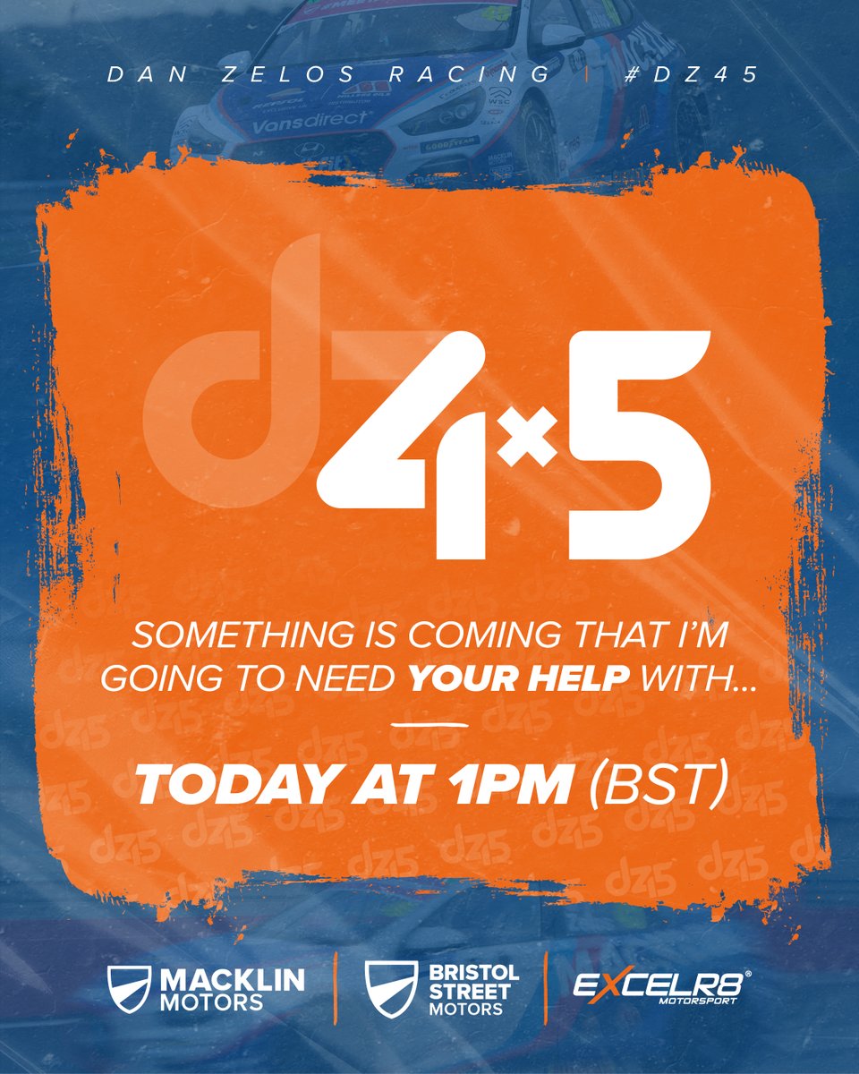 DZ45 ➡️ DZ4x5 

Something is coming that I'm going to need your help with... TODAY @ 1PM (BST) 👀

If you could set a reminder and share my 1pm post across socials it would mean the world to me 🫶

#DZ45 #DanZelos45 #BTCC #racingdriver #motorsport #motorsportmarketing #2024season