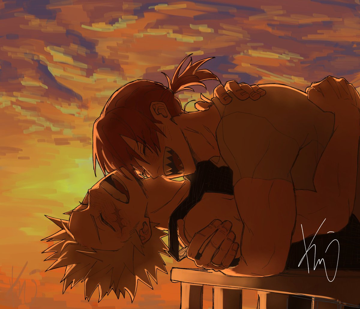 🌇 that afternoon..they laughed.
twilight is a witness to their sincere, silly love♡
#kiribaku #krbk