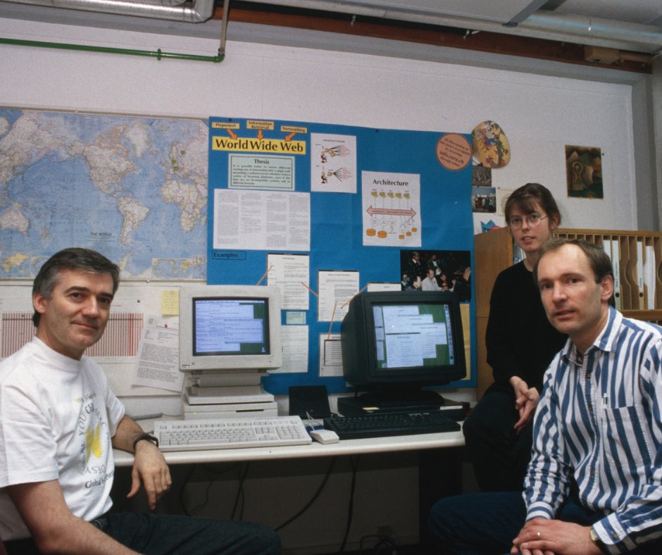 CERN's tweet photo. Where the Web was born…
#CERN70 – Part 15

#ThrowbackThursday to 1989, when Tim Berners-Lee, a young scientist working #atCERN, wrote a proposal for an information management system based on the Internet.

At the time, few people really understood the significance of his seemingly abstract idea. Luckily, his supervisor and a few colleagues had the foresight to let him work on an invention that would change the world.

Here we see:
1) Tim Berners-Lee (right), Robert Cailliau (left) and Nicola Pellow (top right), internet pioneers at the birth of the WWW (1993)
2) A screenshot of the first Web browser (1990)
3) The first page of Tim Berners-Lee's proposal for the World Wide Web in March (1989)

Find out more: https://t.co/RzJlyofokO