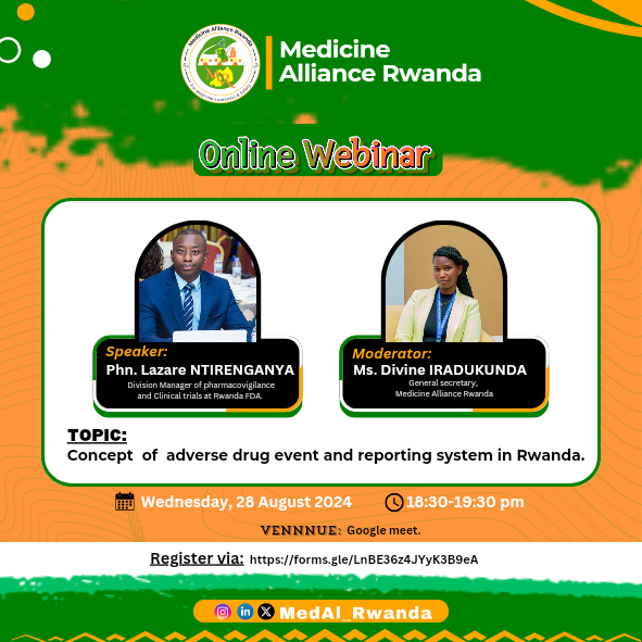 MedAl_Rwanda's tweet photo. Yesterday we have had a successful online webinar about the concept of adverse drug events and reporting systems in Rwanda. We gained insights from @Phn Lazare Ntirenganya, and we are committed to host more webinars ahead to rise awareness!
##HealthyForAll 
#MedicineSafety https://t.co/imOxrcaMol
