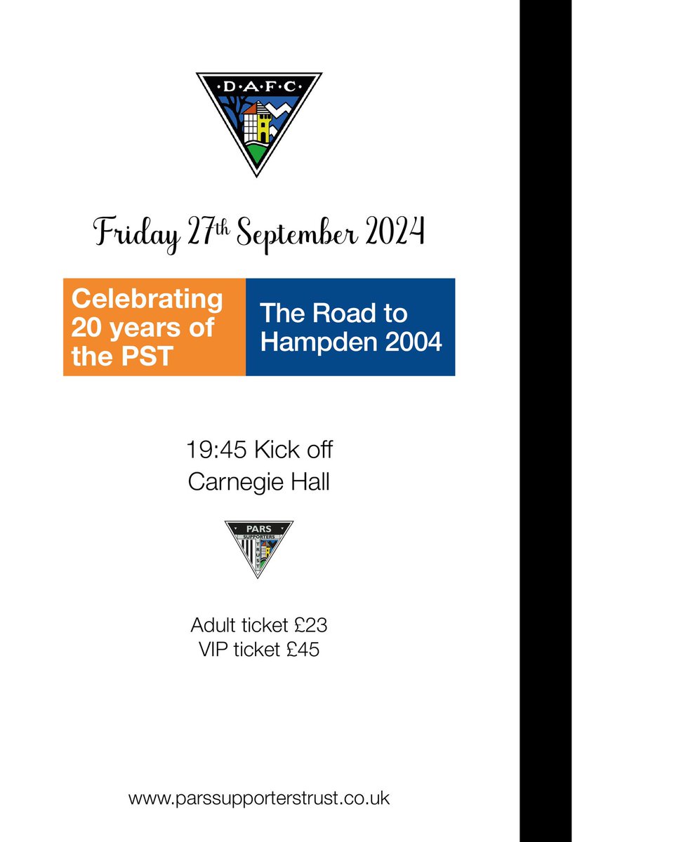 The <a href="/DAFC_PST/">ParsSupportersTrust</a> are proud to present 'Celebrating 20 Years of the PST - The Road to Hampden 2004'

The PST are putting on a special night at the Carnegie Hall celebrating 20 years of the PST and the heroes from the 2004 cup run.

➡️ tinyurl.com/5cmvbd6b