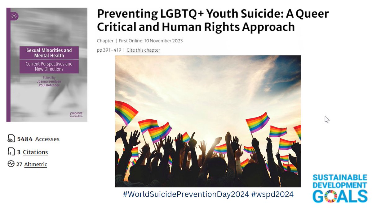 Springer Med Books (@springerclinmed) on Twitter photo For #WorldSuicidePreventionDay, check out this book chapter on 'Preventing LGBTQ+ Youth Suicide: A Queer Critical and Human Rights Approach' <a href="/ElizabethMcDer6/">Elizabeth McDermott</a> Read here: doi.org/10.1007/978-3-… more about World Suicide Prevention Day: biomedcentral.com/p/wspd2024 For #WorldSuicidePreventionDay, check out this book chapter on 'Preventing LGBTQ+ Youth Suicide: A Queer Critical and Human Rights Approach' <a href="/ElizabethMcDer6/">Elizabeth McDermott</a> Read here: doi.org/10.1007/978-3-… more about World Suicide Prevention Day: biomedcentral.com/p/wspd2024