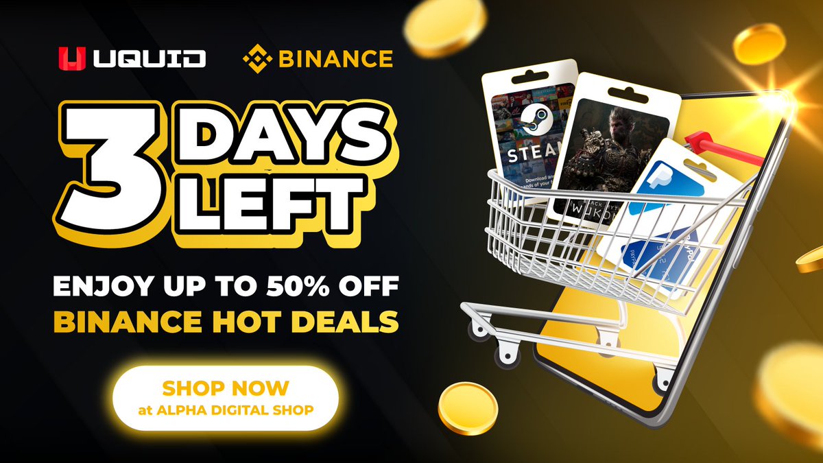 uquidcard's tweet photo. 🔥ONLY 3 DAYS LEFT before the end of August's #Binance Hot Deals🛒

Rack up your favorite digital products now with UP TO 50% OFF at #Alpha Digital Shop, powered by #UQUID on Binance marketplace. Crazy offerings now include #TINDERGOLD (40% off),  #FreeFire Game Topup (38% off), #Paypal Card Credit (35% off), and more.

👉SHOP NOW & Comment below if you are a successful "Deals Hunter" this month👇