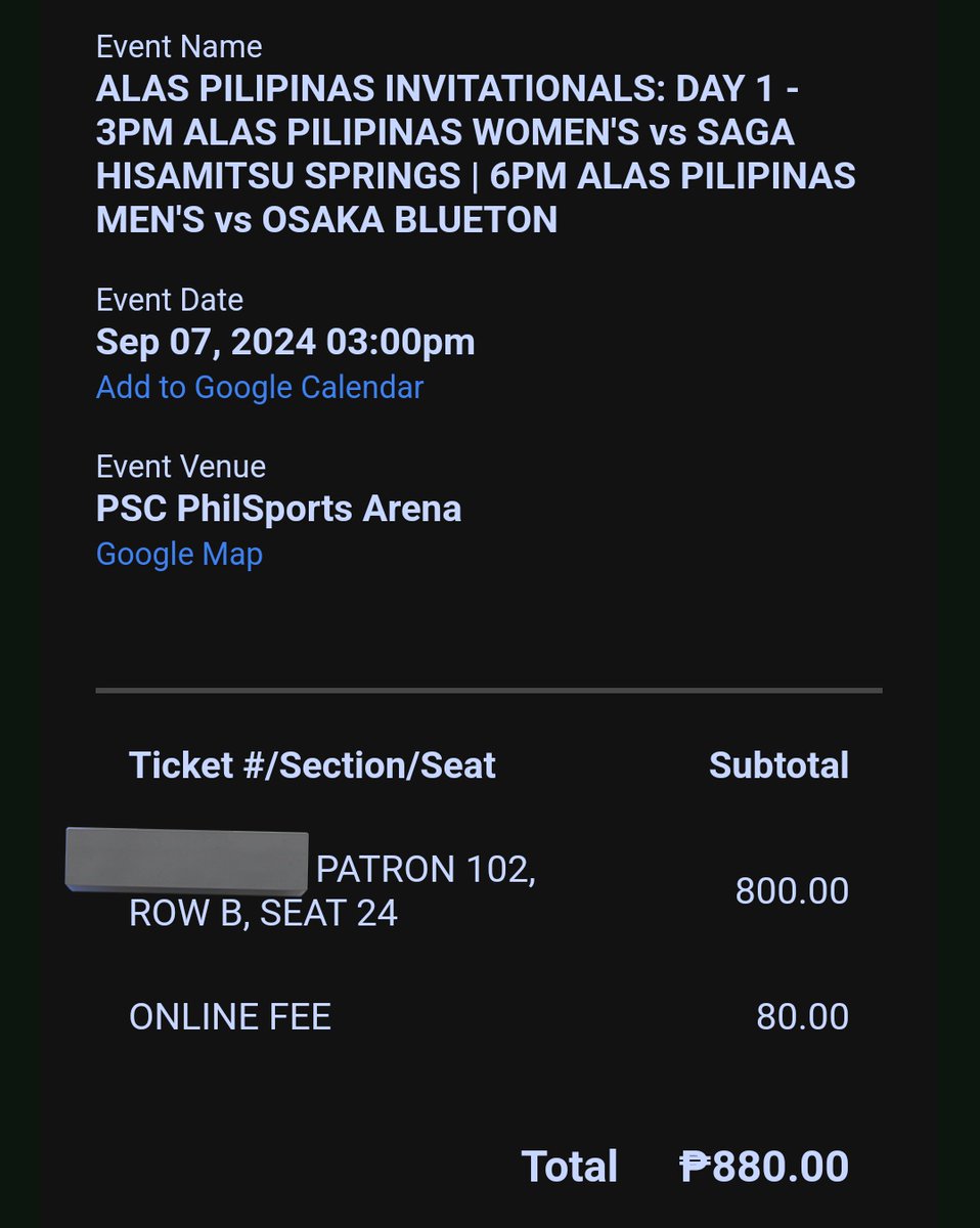 PLS HELP RT 🥹 WTS LFB

alas pilipinas invitationals w/ hisamitsu springs &amp; osaka blueton
september 7, 2024
day 1 (saturday)

1 patron tix, section 102, row b, seat 24

rfs: doble na tix kasi nabilhan na ako ng friend ko 😭

same price! PAYO. can send the tix agad thru email. dm!